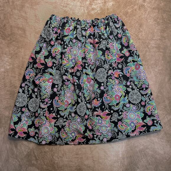 Vintage 90s Handmade Paisley Bird Midi Skirt Multicolor Black Elastic Waist Boho - Picture 1 of 4